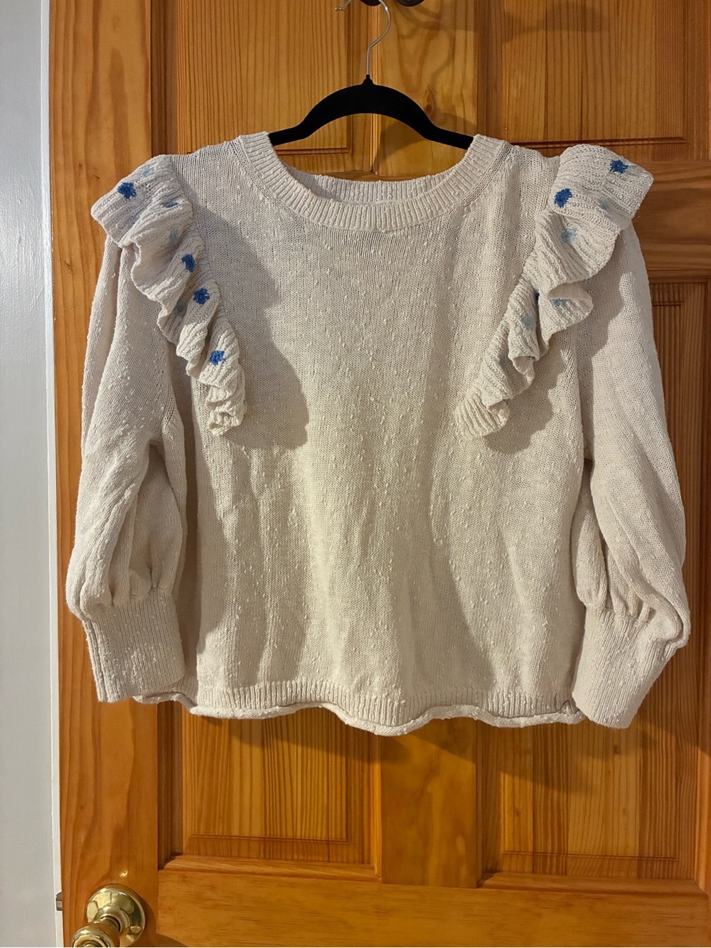 Something Navy Cream Ruffle Shoulder Knit Sweater with Blue Accents